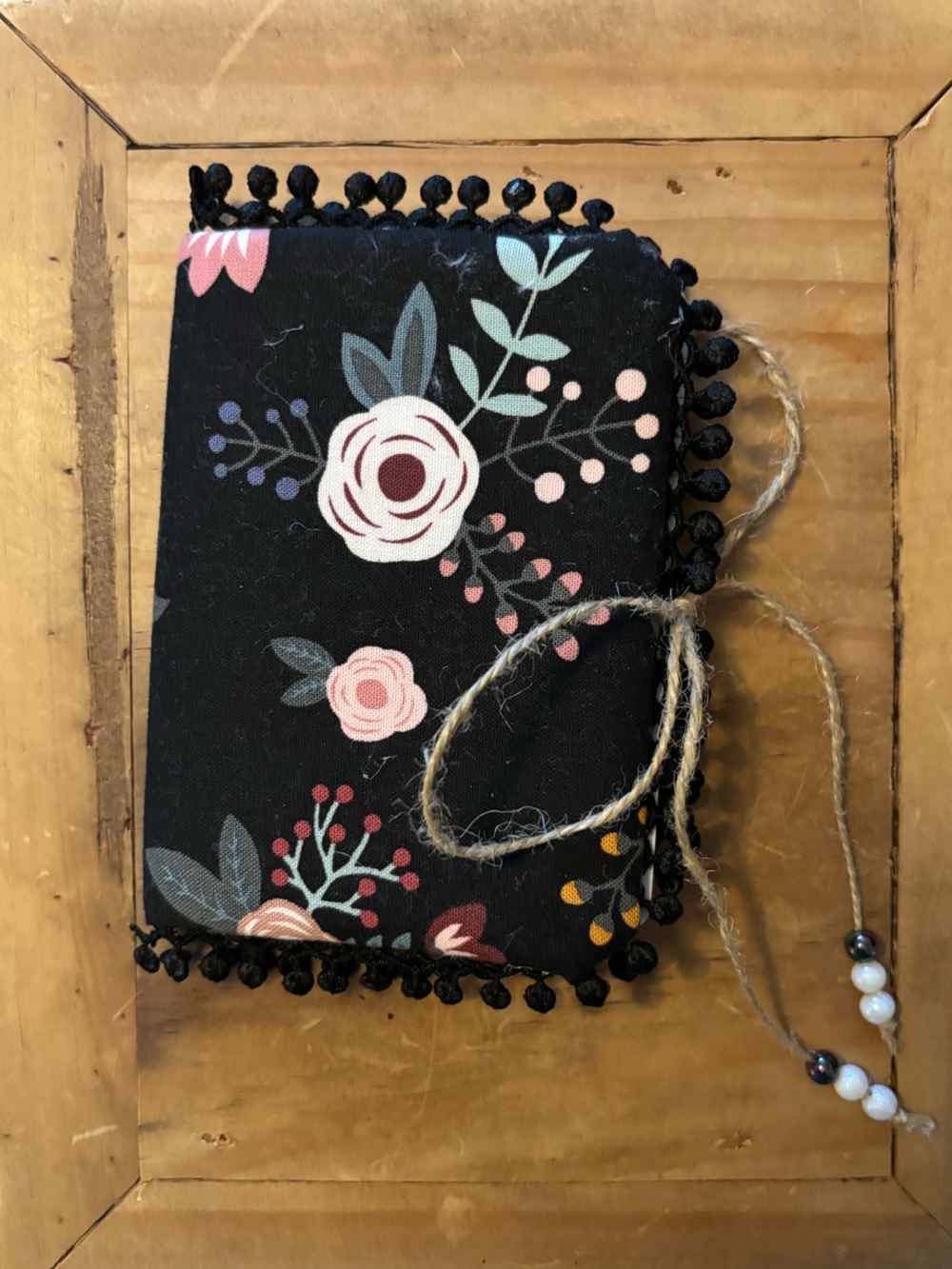 Homemade black floral fabric covered notebook with Pom Trim 60 pages, lined